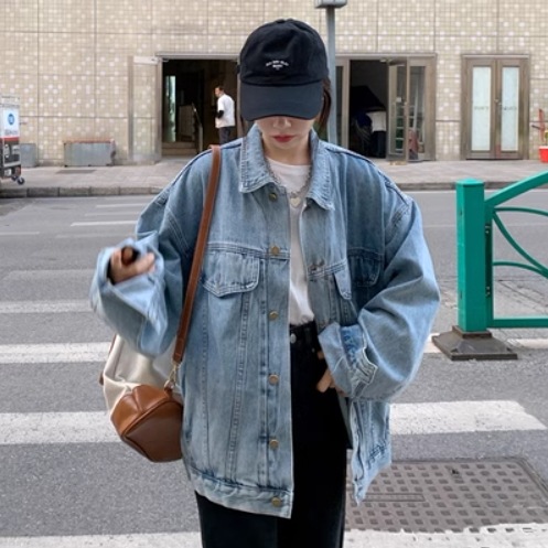 レディース ジャケット デニム ミドル丈 長袖 襟付き ストレート 大人可愛い きれいめ カジュアル おしゃれ かっこいい レトロ こなれ感 メンズライク 無地 ドロップショルダー お出かけ 20代