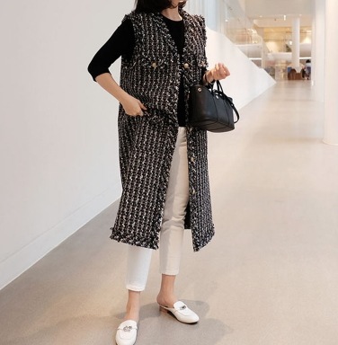 トップス ジレ ベスト ロングベスト ロング ロング丈 袖なし 襟なし ストレート ボタン ポケット 前開き ツイード ツイードジャケット かわいい 大人可愛い きれいめ 大人 上品 おしゃれ お洒落