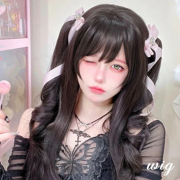 ウィッグ レディース フルウィッグ ロング ツイテール 巻き髪 黒髪 ぱっつん前髪 ブラック 可愛い かわいい 大人用 コスプレ ロリータ ゴスロリ コスチューム 原宿風 仮装 超自然 かつら wig