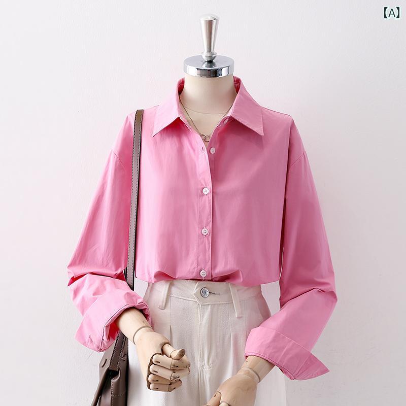 レディース シャツ ブラウス トップス 長袖 エレガントなピンク 春秋 シャツ襟 韓国スタイル シンプル モダン オフィス カジュアル ソフトカラー ベーシック フォーマル タイプ