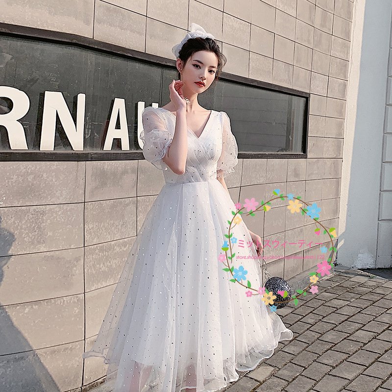 パーティドレス パフスリーブ 結婚式 披露宴 ミニドレス 膝丈 ワンピース レディース 二次会ドレス