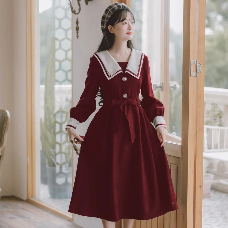 ネイビーカラース 女の子 春秋服 2024 中学生 高校生 森ウエスト着痩せロングスカート