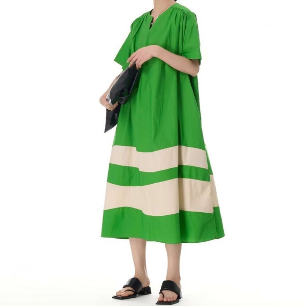 (UNIKE) ベイリーストライプ半袖ロングドレス