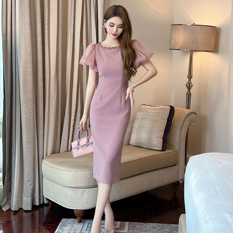 【JY.上品】 夏 ワンピース フリル ダイヤモンド飾り スリム ドレス パーティー キャバ 大人 同窓会 披露宴 卒業式 結婚式 演奏会 ウェディング 二次会 メガ割