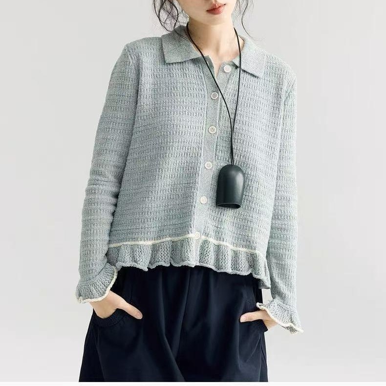 【送.料.無.料.急速発送】秋花チュール開襟フリルの雰囲気感ニットカーディガン