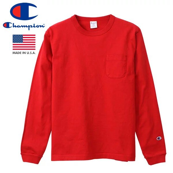 人気定番の SLEEVE LONG T1011 CHAMPION T-SHIRT U.S.A.】 IN 【MADE RED DEEP POCKET Tシャツ