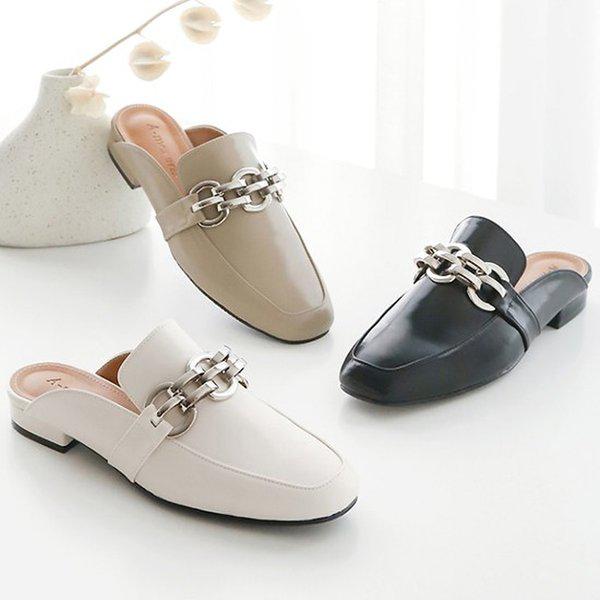 [シューズ] 銀のチェーン 女性 レディース ローファー ミュール ブロファー スリッパ 2cm/3color qmn3203