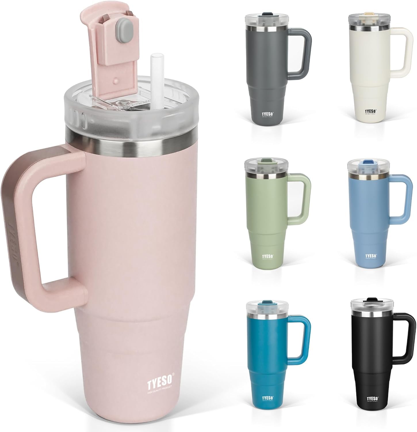 ΤYESO タンブラー 0.9L 水筒 保冷 ステンレスボトル ウォーターボトル ストロー 取っ手付き ジョッキ アウトドア 真空断熱 二重構造 広口 大容量 直飲 女の子 男の子 900ml 桜色