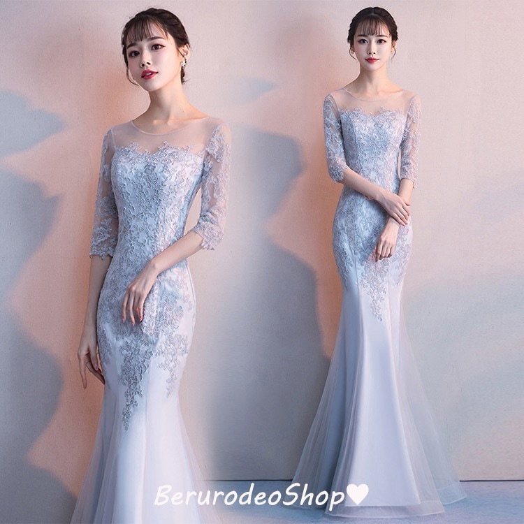 全5色 マーメイドドレス イブニングドレス レース グレー シャンパン色 ピンク ホワイト 結婚式ドレス 二次会ドレス ワイン赤 7分袖 ロングドレス 発表会ドレス マーメイドライン タイトドレス ワ