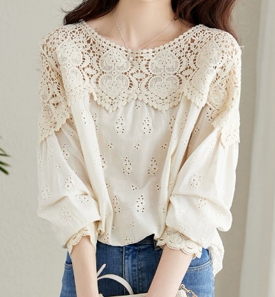 トップス シャツ プルオーバー ロング ロング丈 袖あり 長袖 ラウンドネック 襟なし 切り替えデザイン 刺繍 フリル 透かし編み 綿 かわいい 大人可愛い きれいめ 上品 おしゃれ お洒落 ラフ