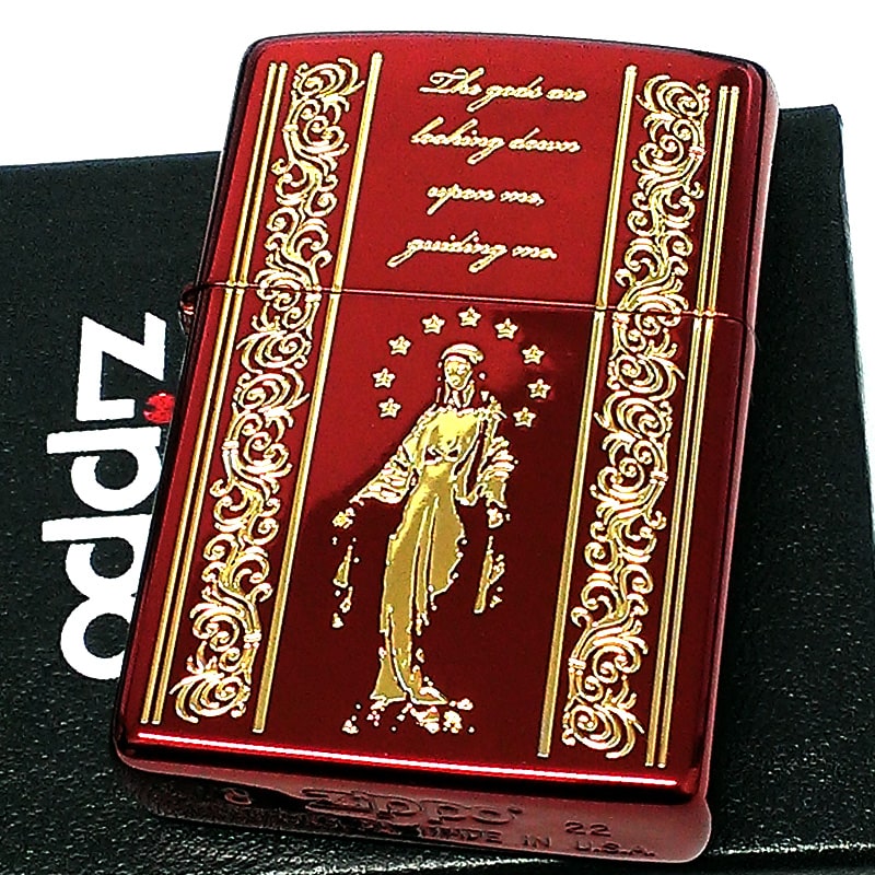 ZIPPO ライター マリア ジッポ レッド＆ゴールド AveMaria 赤金 御守り エッチング彫刻 かっこいい おしゃれ メンズ レディース ギフト プレゼント