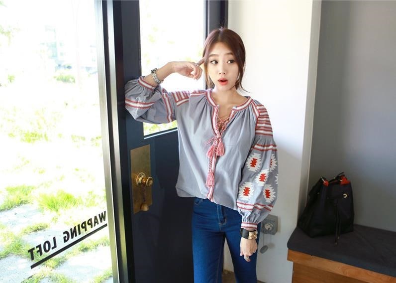 3436.ボヘミアンな長袖ブラウス（グレー）2019 春夏 カジュアル 普段使い