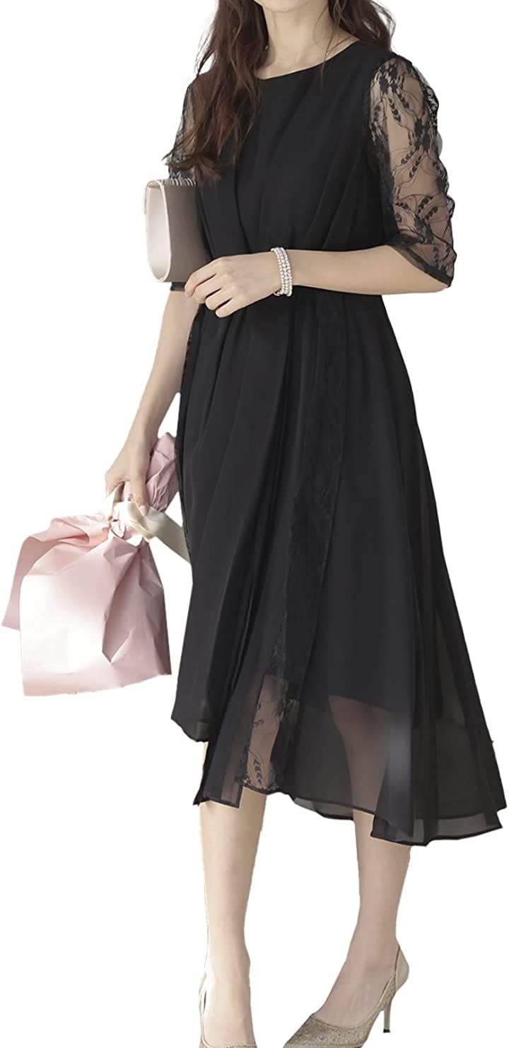 パーティ ワンピース ドレス レディース レース 刺繍 五分袖 BK( ブラック / 104, M)