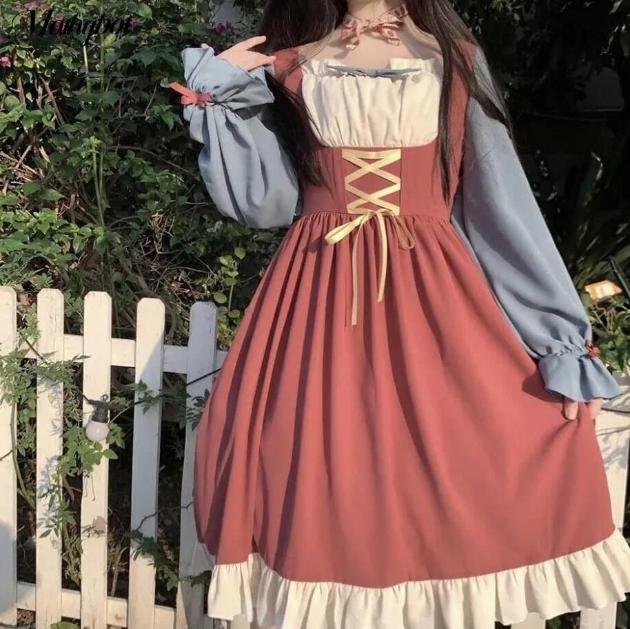 【3日で出荷】クラシックスタイルロングドレス赤と青のステッチ長袖タイインラインカラーかわいい