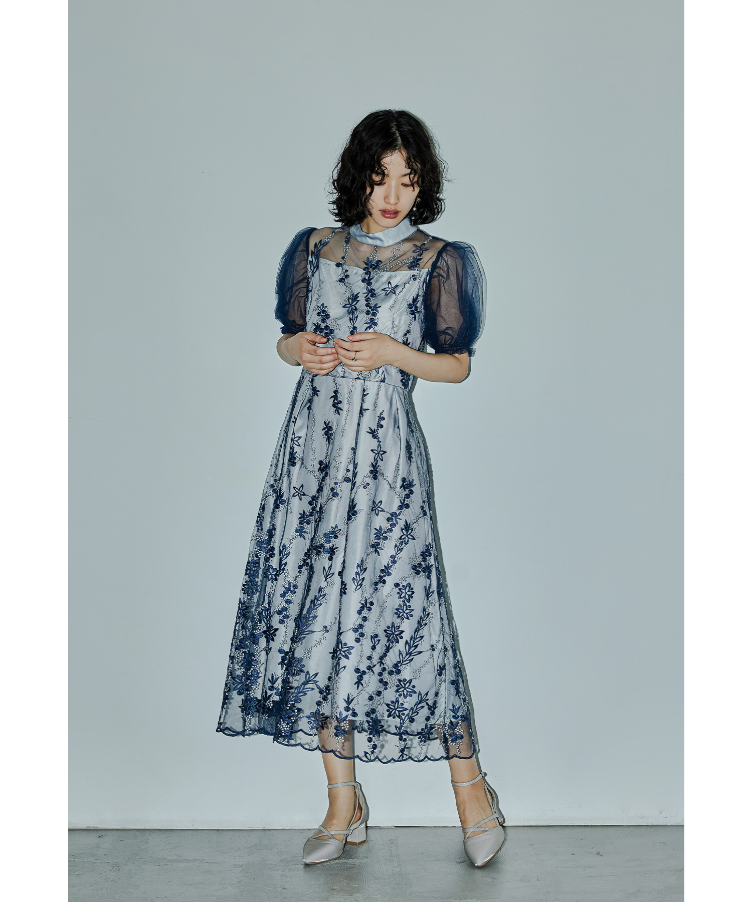 チュールパフスリーブ刺繍レースドレス パーティードレス 結婚式 レース シアー フレア バックリボン お呼ばれ パーティー 二次会 披露宴 謝恩会 成人式 同窓会 卒業式 フォーマル 14,672円