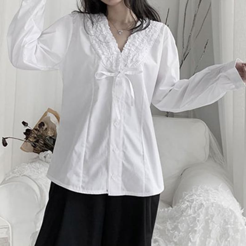 レディース長袖シャツ春夏カジュアルシャツVネックファッションニューブラウスラージソリッドカラーシンプルファッション多用途レディースシャツ