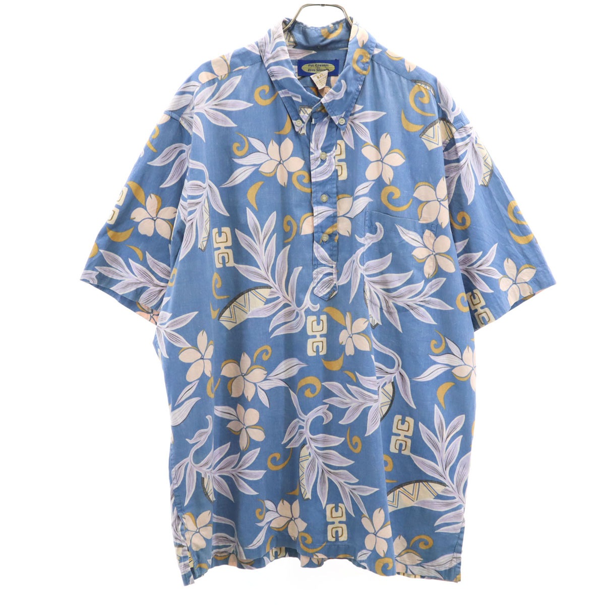 90s オールド 花柄 リバースプリント 半袖 ボタンダウン アロハシャツ XXL ブルー系 プルオーバー ビッグサイズ メンズ 古着