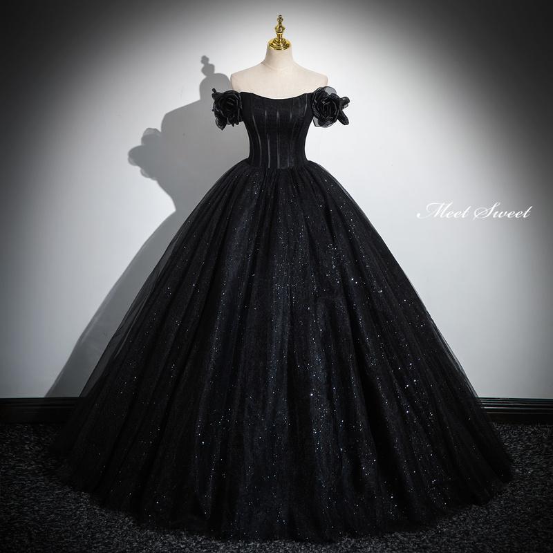 カラードレス プリンセスライン ロングドレス ブラック オフショルダー キラキラ ウェディングドレス 結婚式 二次会 黒 前撮り 演奏会 発表会 ステージ衣装