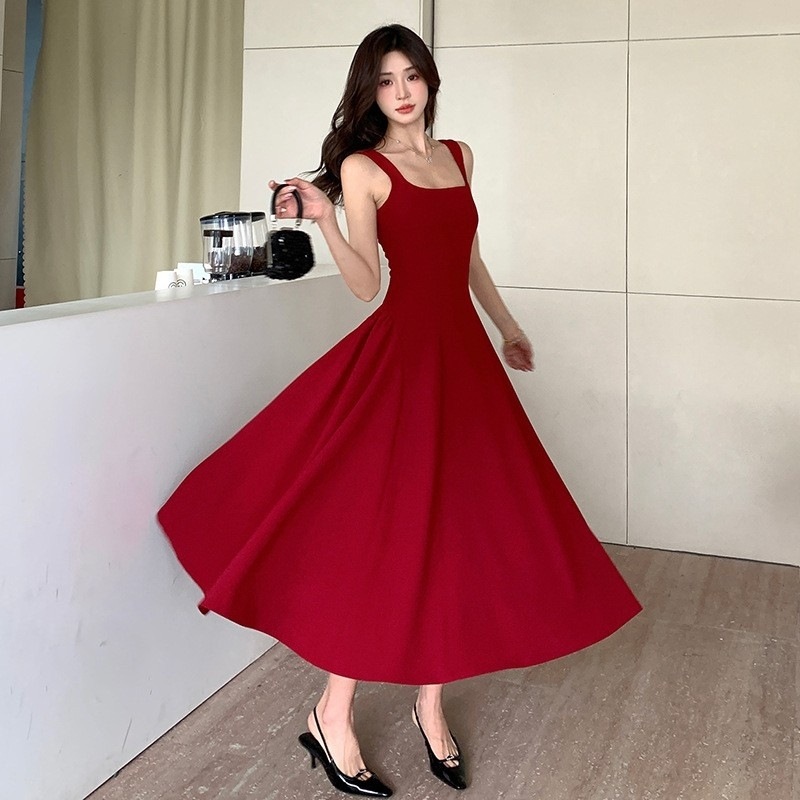 ドレス ワンピース 膝丈ドレス フォーマルドレス ワンピースドレス 膝下 ノースリーブ スクエアネック Aライン プリーツ きれいめ シンプル 大人 おしゃれ 大人女子 セクシー エレガント 春 夏