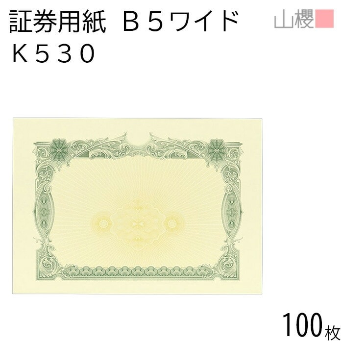 山櫻 証券用紙 B5ワイド K530 グリーン マーク用 100枚 / 保証書 認定証 265×187mm 00803023-0100