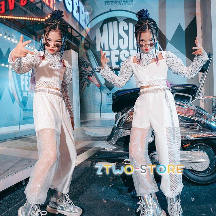 新しい子供用ダンスウェア キッズダンス衣装 韓国 キラキラ チア チアガール スパンコール ホワイト ホワイトパンツ セットアップ ジャズダンス ステージ衣装 演奏会 練習着 発表会 2枚購入で282