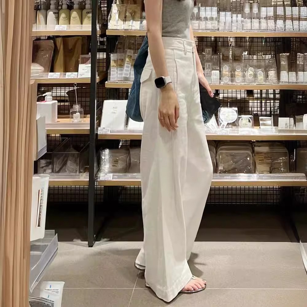 小さな白のコットンとンのワイドレッグパンツ女性用ハイウエストスリムストレートカジュアルパンツ