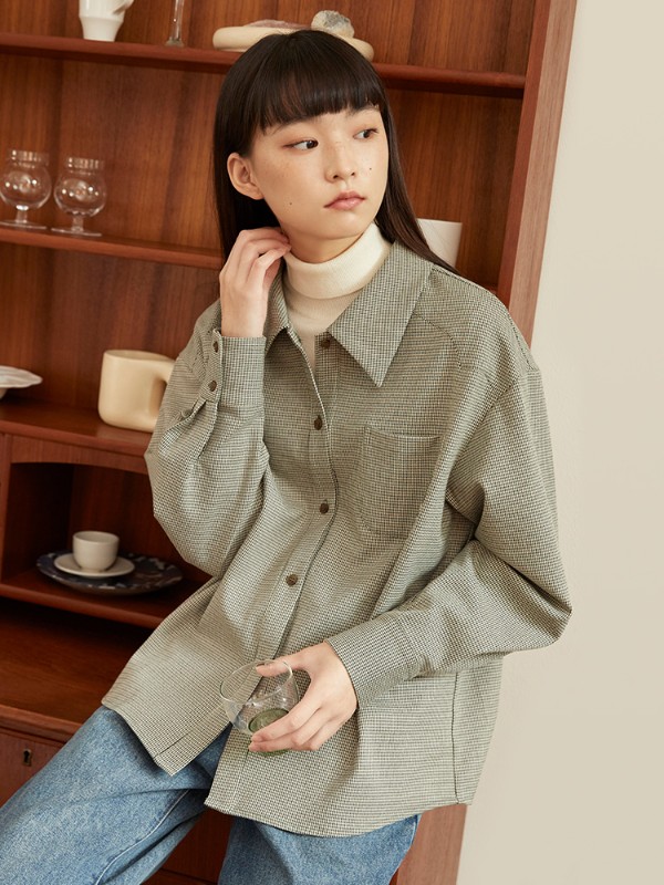 オモント エッグタルト ホーム レトロ 千鳥格子 ドレープ 長袖 シャツ レディース 秋冬デザイン ゆったり トップ ジャケット 5,592円