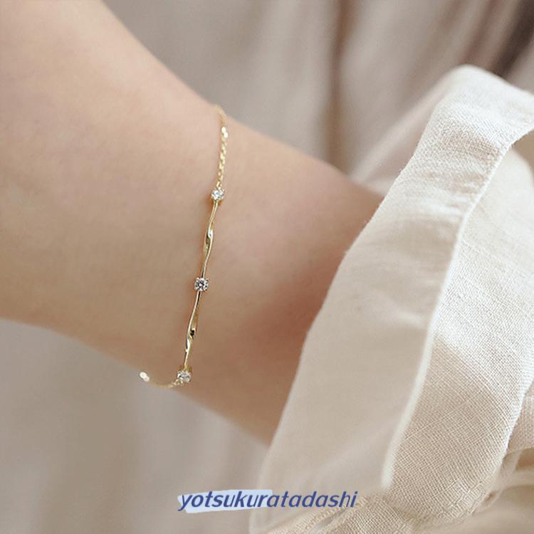 ブレスレット レディース 極細 スティック チェーン カーブ 3粒 上品 ゴールド 重ね付け 大人可愛い 女性 誕生日プレゼント ホワイトデーお返し