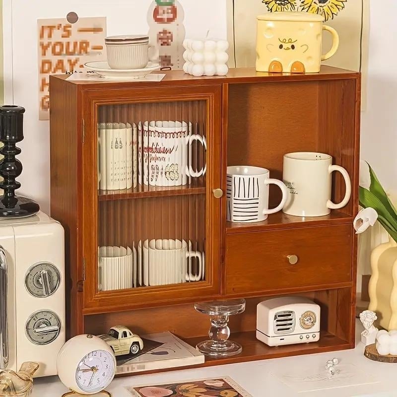 木製収納キャビネット ヴィンテージ レトロ調 アンティーク 卓上 収納ボックス 引き出し ガラス扉 多機能 大容量 小物文具収納 デスクトップ収納 フィギュア収納 カフェ風インテリア 12,000円