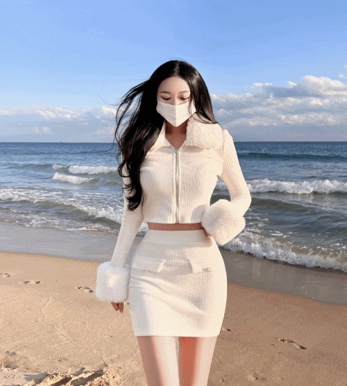 [百貨店クオリティ/-3kg保障/お姫様ルック] 清純華奢見え セット毛 ジップアップ カーディガン バンディング リブ ボタン スカート 誕生日 パーティールック 年末ルック クラブルック クリスマ