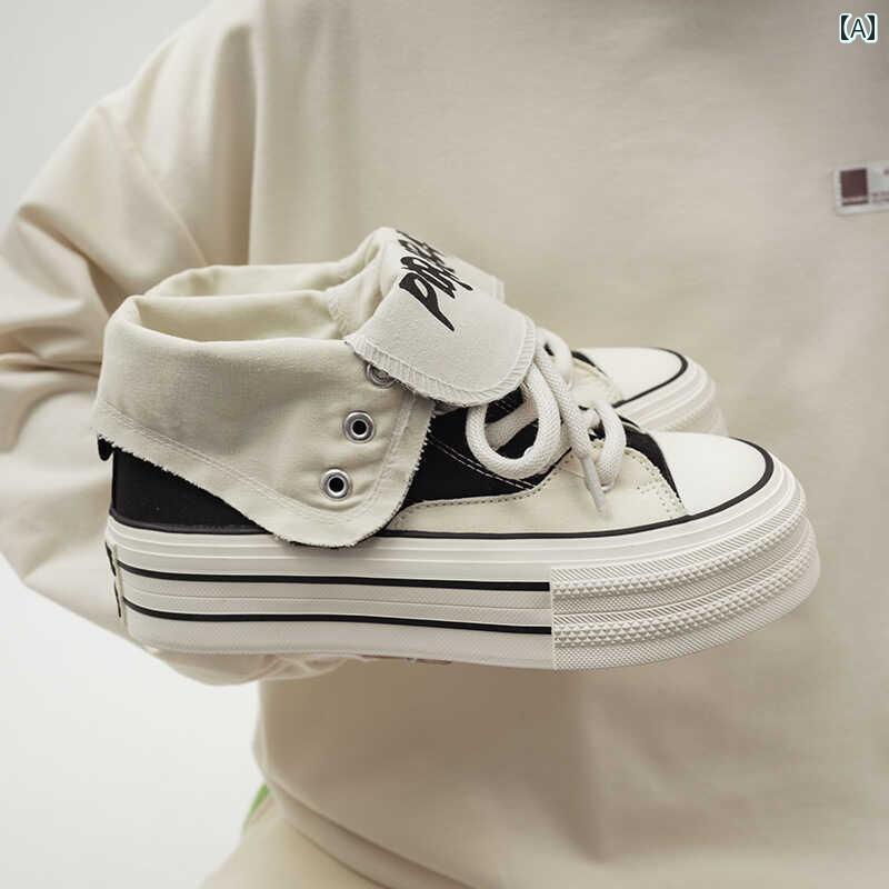 スニーカー レディース キャンバス シューズ 秋 レトロ メイラード プラット フォーム ソール カフ 式 カジュアル ハイ カット 女性用