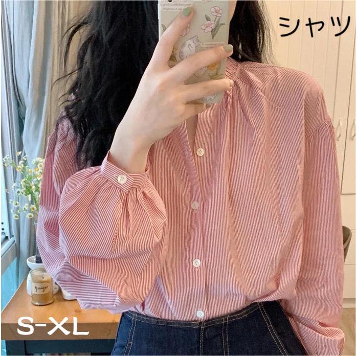ピンストライプ シャツ ストライプ柄 レディース 長袖 春 ブラウス トップス バンドカラー ナチュラル 大人可愛い 大きいサイズ ゆったり フォーマル ファッション オシャレ 通勤 カジュアル 春夏