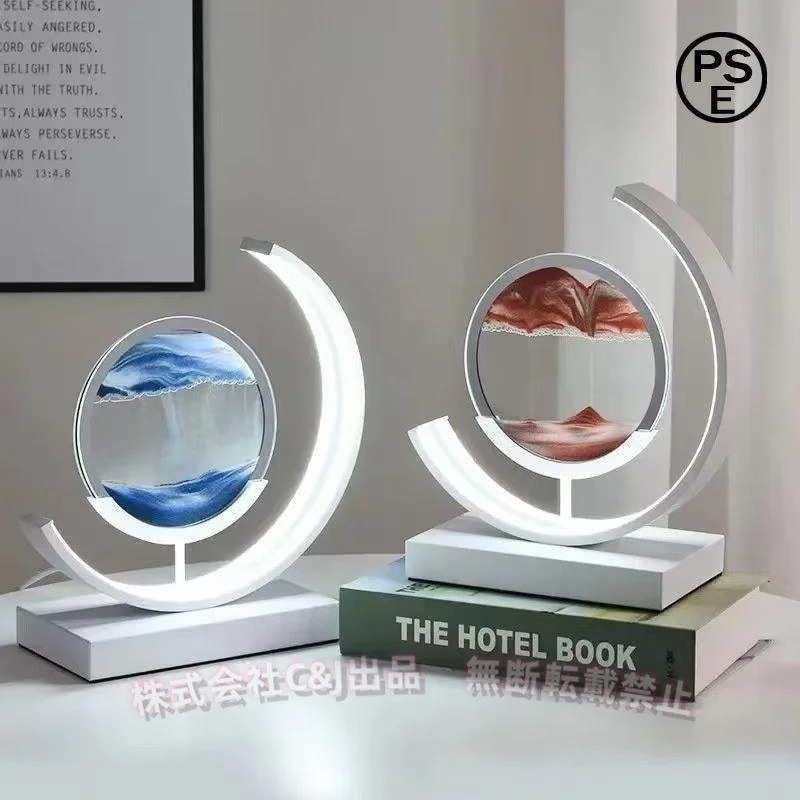 3Dの砂時計の芸術の装飾的な装飾品流れる砂の動きの景色3Dガラス卓上部屋の装飾の技術C&J砂絵ランプLEDの屋内照明の電気スタンドのオフィスの装飾(Color:Blu