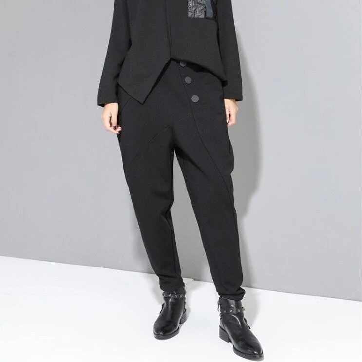 ボトムス ロング パンツ レディース l 黒 無地 カッコイイ 個性的 アシンメトリー ドロップクロッチ ブラック フロントボタン 9分丈 アンクル丈 ズボン クロップド ワイド 切り