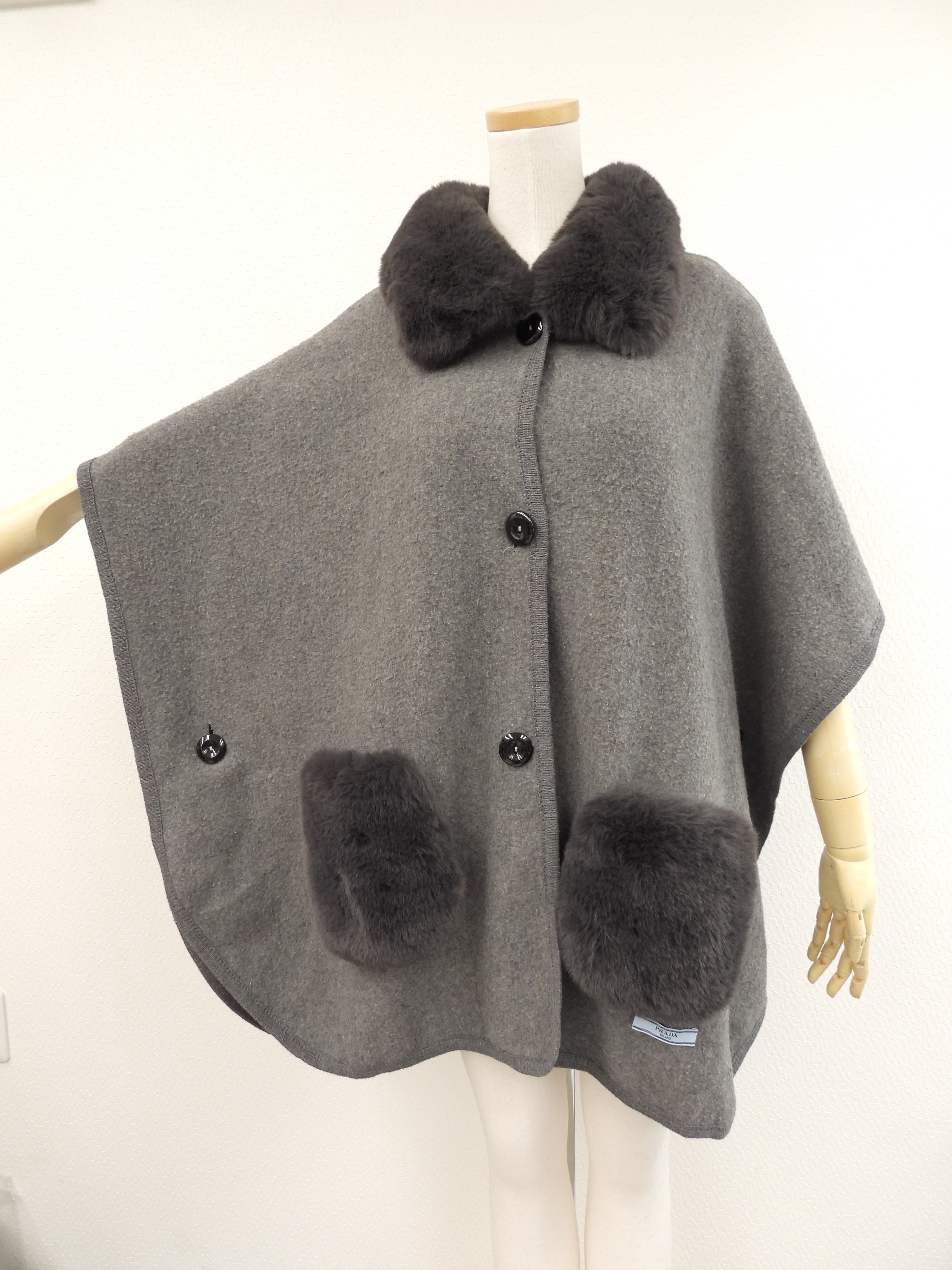 羽織 ファー付 ウール灰 ショール ポンチョ コート@ 2