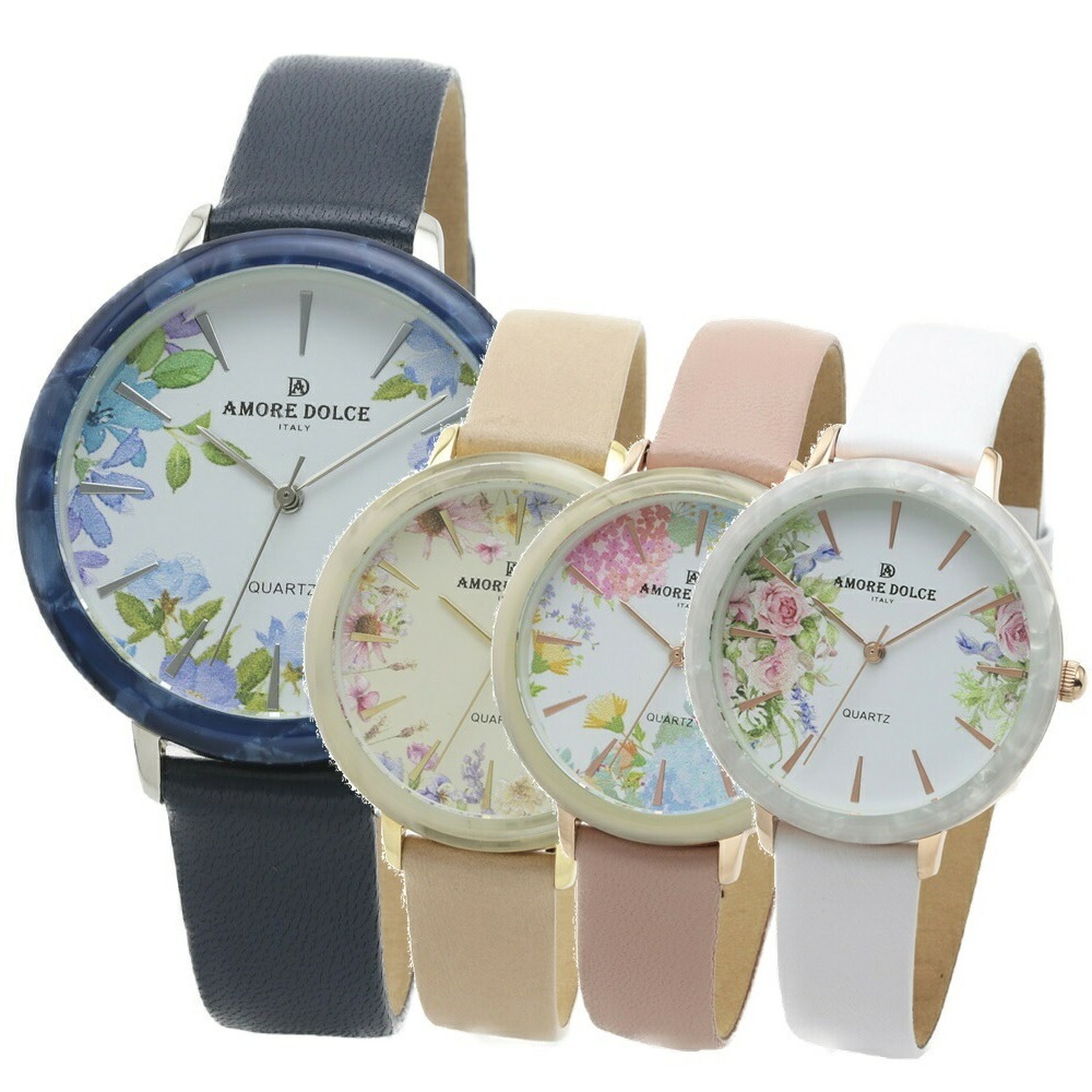 AMORE DOLCE アモーレドルチェ 可愛い 大人の女性 花柄 選べる4カラー 国内正規品時計 レディース 腕時計 手表 大理石風ベゼル レザーベルト 誕生日ギフト 記念日 ポイント消化 6,552円