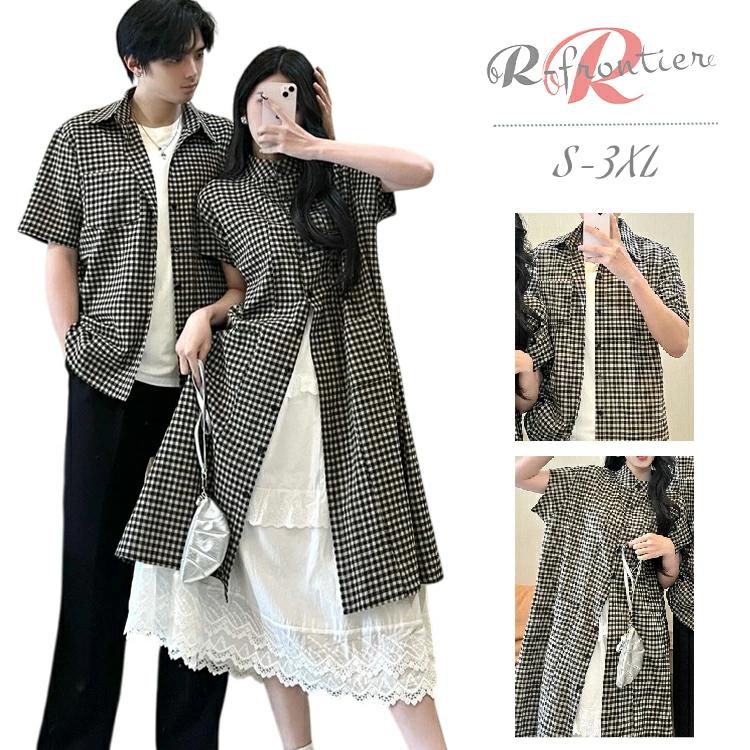 [輸送費無料][七月の新柄]ペアルック カップル ペアお揃い チェック柄 シャツ 白スカート ワン 重ね着 ペアシャツ 風 コーデ カップル 格子柄 海遊び 半袖 夏 ワンピー2025ペアルック カッ