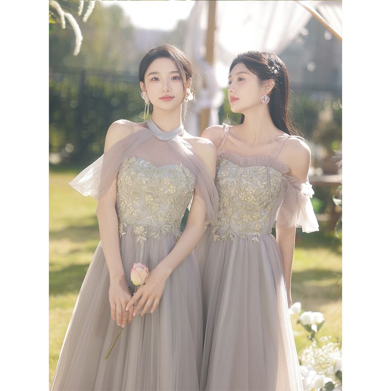 普段着できる花嫁介添人ドレス 女性 2024気質 グレー ロング丈 結婚式 ハイエンド シスタードレス 花嫁介添人 グループ 春