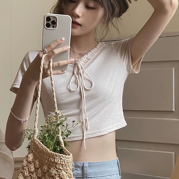 トップス Tシャツ ショート丈 半袖 ラウンドネック フリル リボン ストレッチ ソフト 綿 大人可愛い きれいめ カジュアル おしゃれ レトロ こなれ感 ラフ ラブリー 普段使い プルオーバー 無地 5,480円