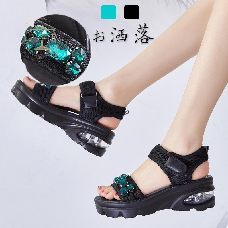 新作入荷 厚底スポーツサンダル ベルクロレディース エアクッション 疲れない 歩きやすい 美脚 靴 6cmヒール