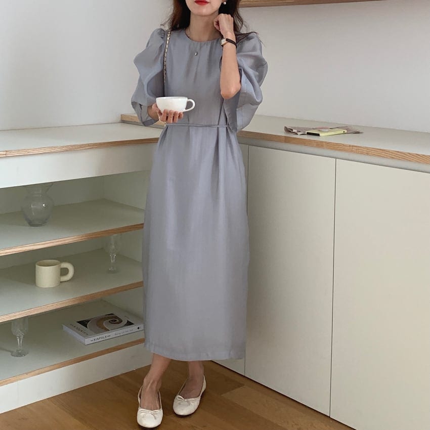 ワンピース レディース フレア ウエストマーク ドローストリング ミモレ丈 パフスリーブ