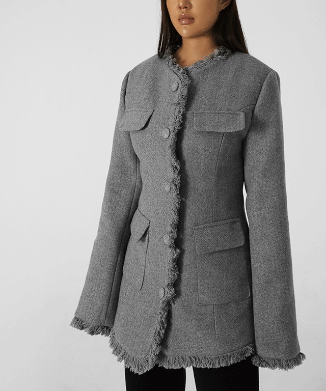 シャス ツイード ボタン ロング ジャケット