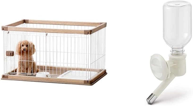 犬 サークル ウッディサークル ロータイプ ライトナチュラル 小型犬用 幅97.5×奥行66.5×高さ55.5cm PWSR-960LV + マ 給水ボトル P-KB-R マットホワイト