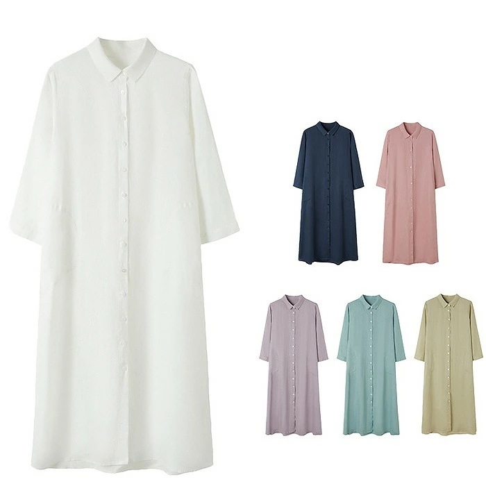 おすすめ品上質素材　麻のワンピース　ストレートライン ひざ下丈　シャツワンピース　5分袖　リネン１００％　ゆったり　前開き　サイドポケット