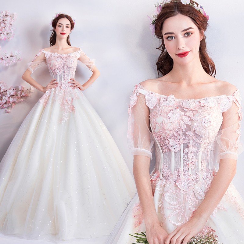 カラードレス ピンク 演奏会 コンサート ロングドレス 半袖 ウェディングカラードレス 安い 二次会