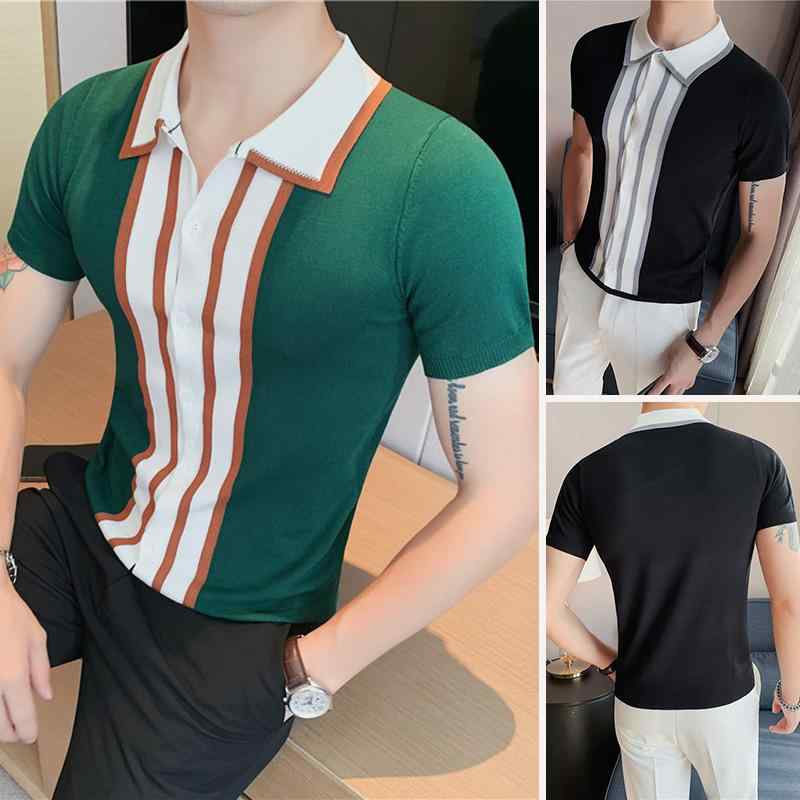 ポロシャツ メンズ スタイリッシュ おしゃれ 紳士服 シャツ 襟シャツ 半袖 夏 クール 薄手 カジュアル ニット ストライプ