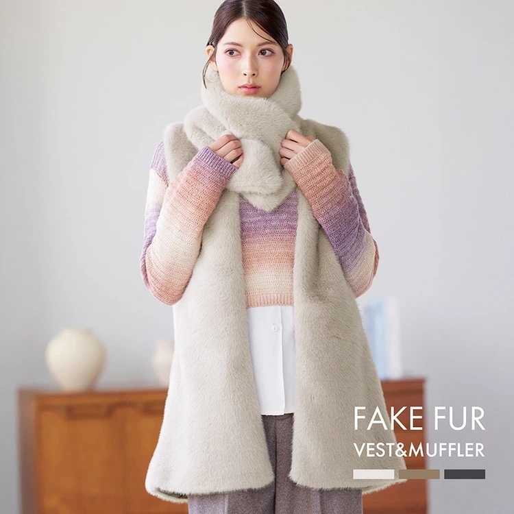 ミドル丈 フェイクファーベスト＆マフラー レディース ギフト プレゼント ファーマフラー マフラー ベスト ファーベスト エコファー 秋 冬 体型カバー ゆったり アウター ノースリーブ (08000