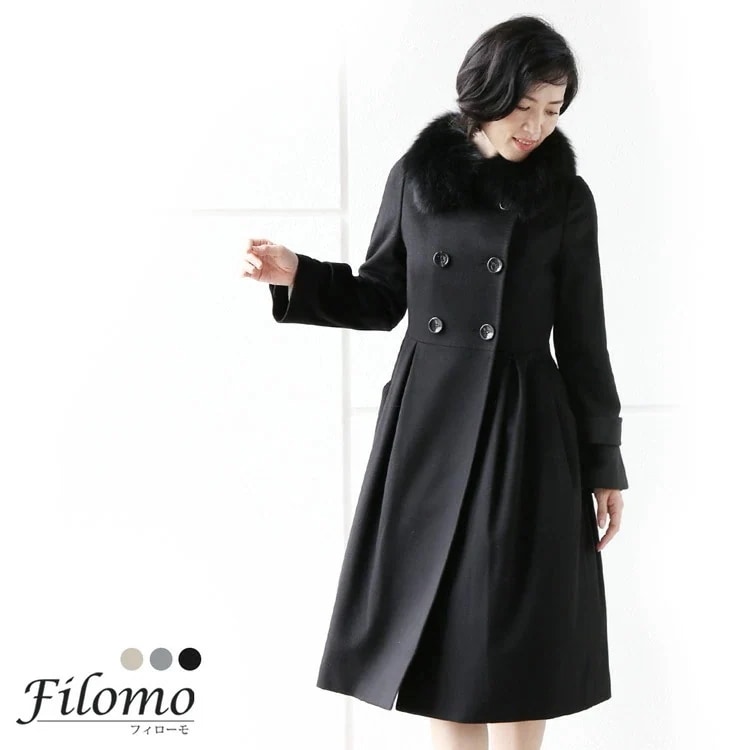 [Filomo]カシミヤ100%ロングコートフォックスファー付き