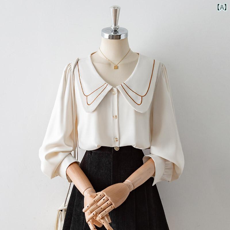 レディース トップス ブラウス 通勤 オフィス 普段使い フレンチ ドールカラー シック 長袖 シャツ デザイン 秋 お洒落 シフォンシャツ タイプ