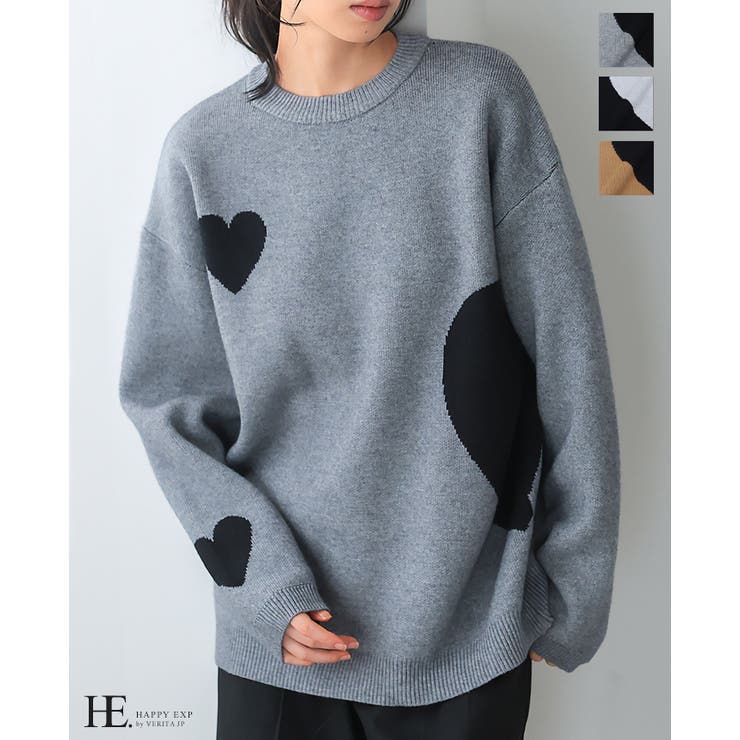日常に大人の甘さをハート柄ジャガードニット/ニット セーター ジャガード ハート レディース トップス プルオーバー クルーネック 配色 大きいサイズ